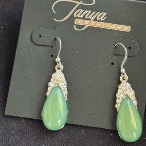 Green Teardrop Earrings with Sparkling Accents 2 inch